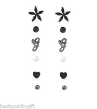 SET OF 6 GUESS HEMATITE,BLACK EARRINGS;HEART,FLOWER,PEARL,"G"+RHINESTONE STUDS