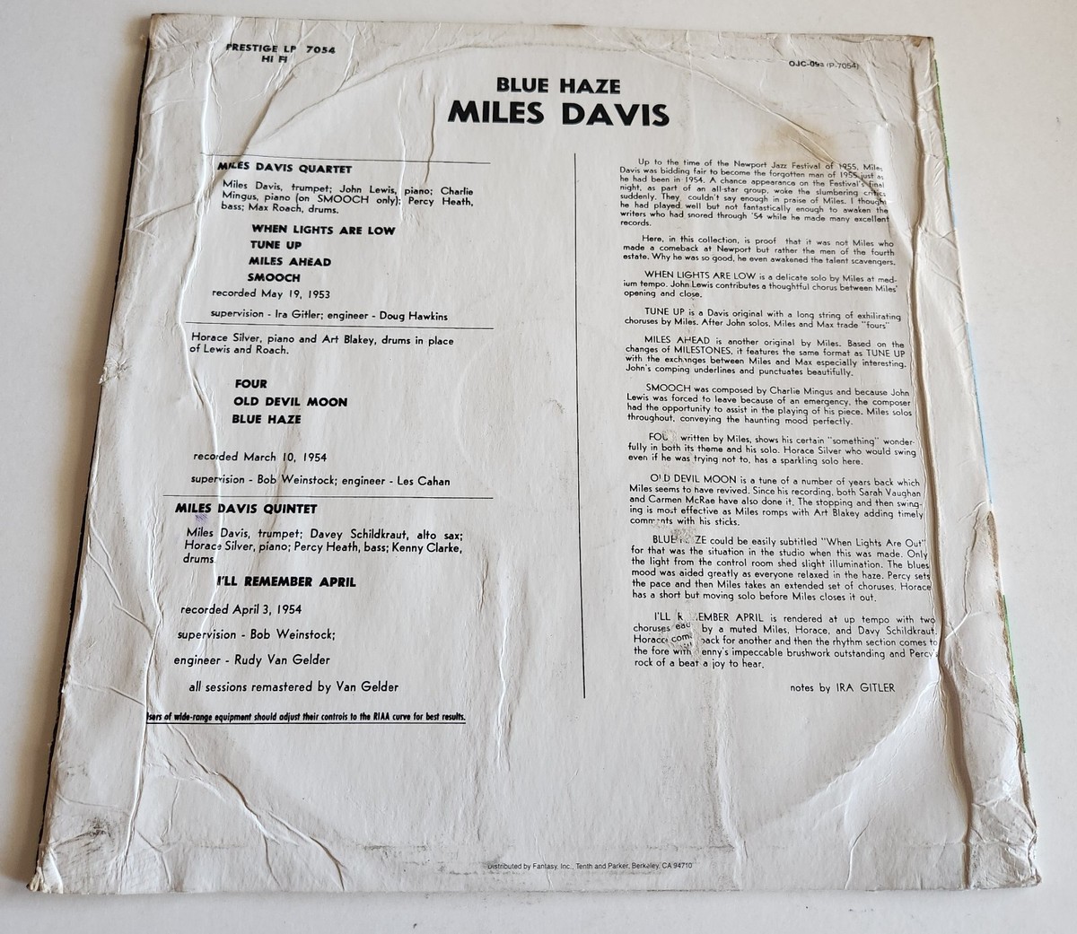 Miles Davis – Blue Haze Vinyl Record Album LP Prestige LP 7054 Hi