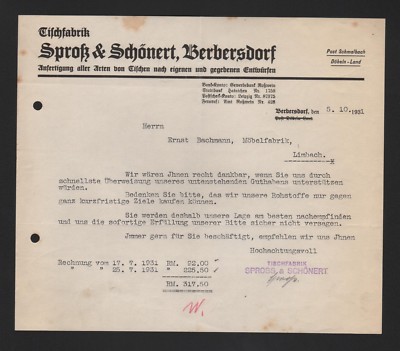 Berbersdorf, Invoice 1931, Spross & Schönert Table Factory