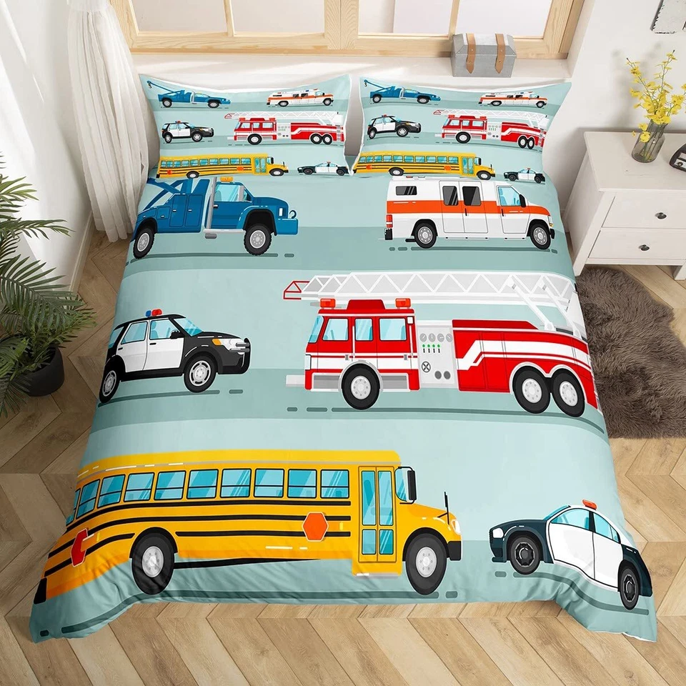 Voiture de dessin animé Housse de Couette Police Car Parure de Lit 140x200cm ... - Photo 3/4