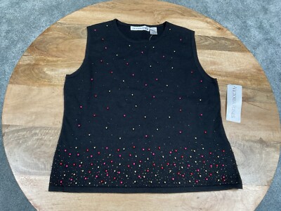 Victoria Jones Dressy Beaded Black Tank ~ Women s Size L ~ Ramie/Cotton ~ New
