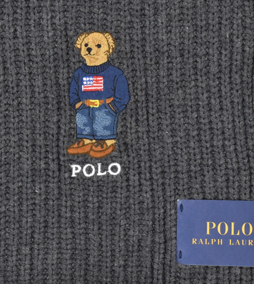 Polo Ralph Lauren Gris Algodón Lana Bandera Suéter Oso Bufanda 9" x 74" Nuevo Foto 2 de 3