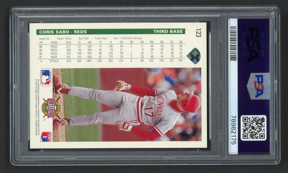 1992 UPPER DECK CHRIS SABO #123 CINCINNATI REDS GREAT SPUDS PSA 9 MINT - Image 3 of 3