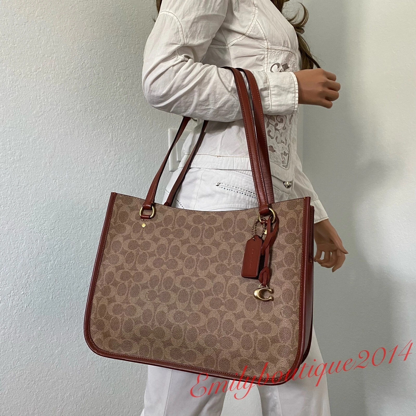 Borsa Coach C2591 Tyler nuova con etichette in tela firmata e pelle marrone ruggine
