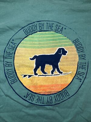 Buddy By The Sea Surfing Dog T Shirt 2XL Geeen Graphic Cotton