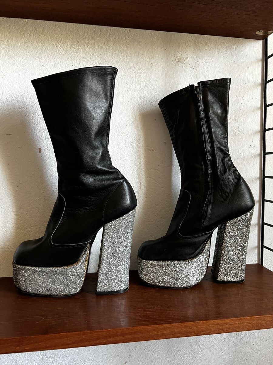 True Vintage 70s Platform Boots Size 37 Disco Glitter Silver True Vintage 70s Platform Boots Size 37 Disco Glitter Silver