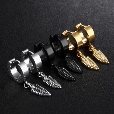 Gothic Punk Feather Drop Dangle Hoop Earrings Surgical Steel Rock Biker Jewelry