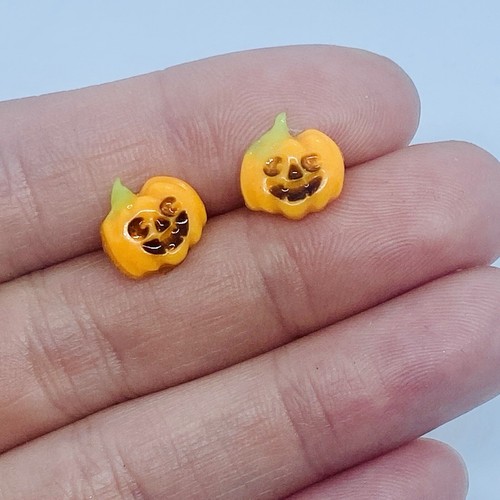Cute Halloween Pumpkin Earrings, Glow In The Dark Jewelry, Hypoallergenic Studs - Picture 3 of 9