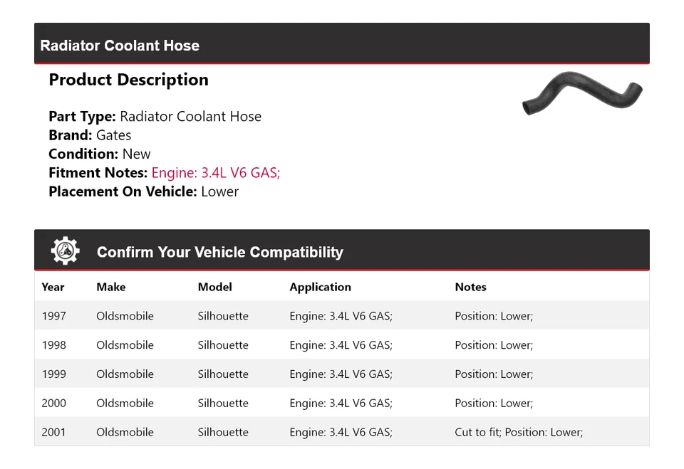 Manguera de refrigerante de radiador Oldsmobile Silhouette 1997-2001 puertas inferiores 1998 1999 Foto 2 de 4