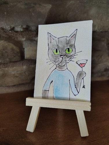 Original Cat ACEO Painting Cocktail Glass Cat Shirt Watercolor Ink Art Card OOAK