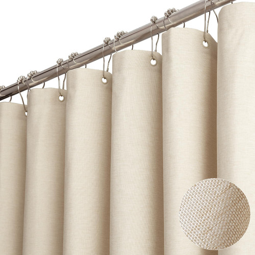 Extra Long Fabric Shower Curtain, 96 Inch Linen Textured Heavy Duty Cloth Sho...