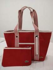 LACOSTE Vintage Shopping Bag Red  White Canvas Shoulder Bag  Detachable Pouch