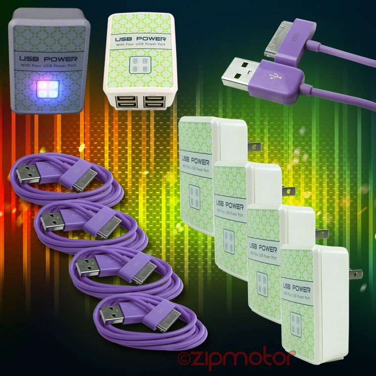 4X 4 USB-ANSCHLÜSSE WANDADAPTER + 10 FUSS KABEL NETZTEIL LADEGERÄT DATEN LILA GALAXY TAB HINWEIS
