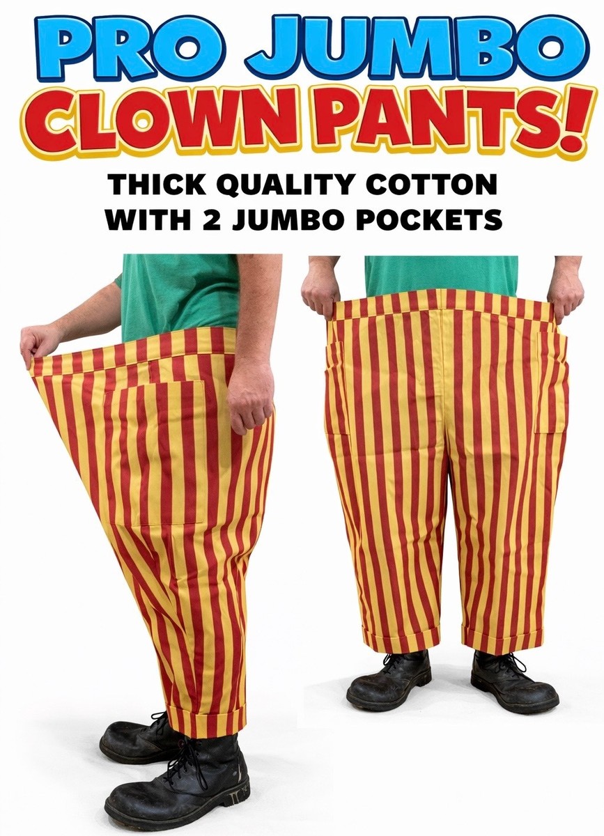 PRO JUMBO CLOWN PANTS Red Yellow 2 Big Pockets Funny Adult Costume