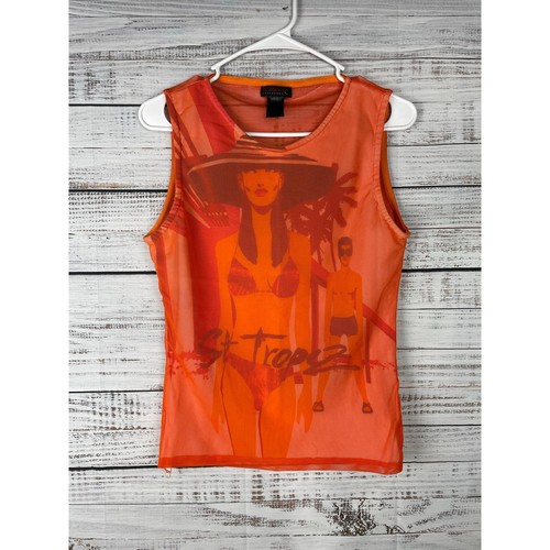Custo Barcelona St Tropez Mesh Tank Top Womens 4 Orange Y2K 90s Vintage Brittany