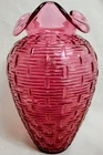 VTG Fenton Art Glass Company Basket Weave Cranberry Glass Ruffled Top 8.25" Vase