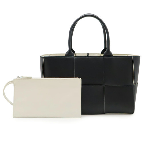 Bottega Veneta Maxi Intrecciato Arco Leather Tote Bag Black/White