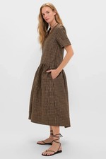 Ganni Crinkled Check Long Dress Tobacco Brown Size 38 / US 6
