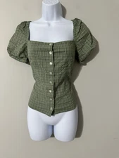 Rouje Paris Ella Top Green Plaid Gingham Square Neck Puff Sleeve Size 36 (US S)
