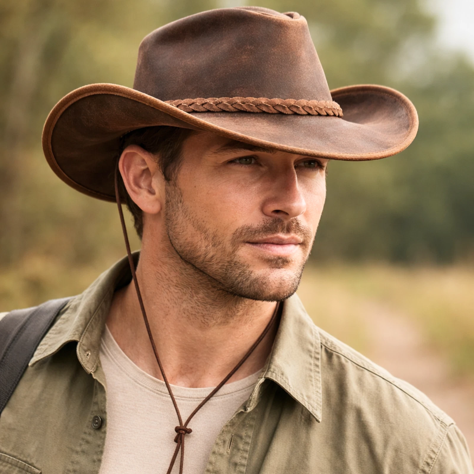 Australian Real Leather Cowboy Hat Mens Vintage Chinstrap Western Style Bush Hat