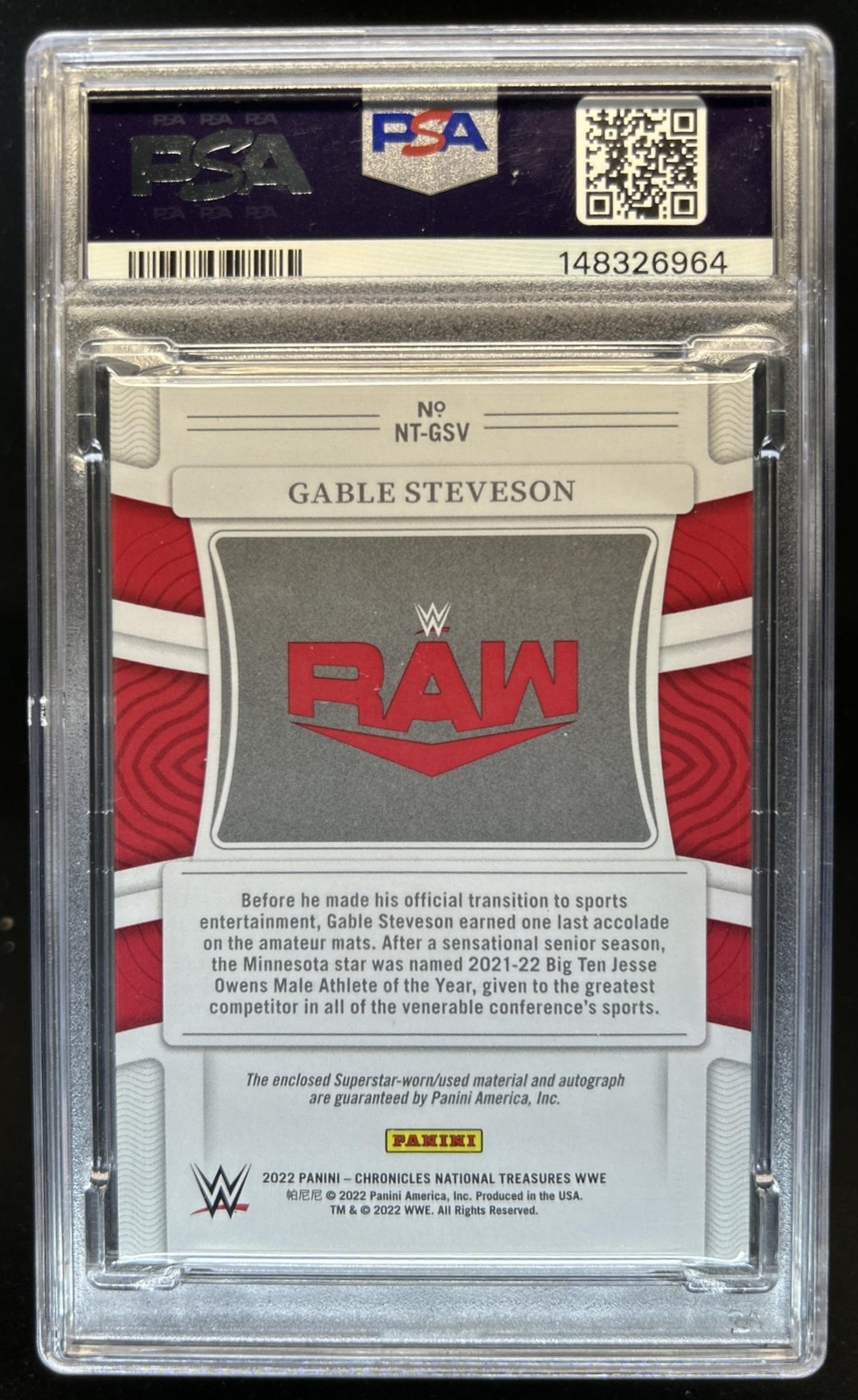 2022 Chronicles WWE Gable Steveson National Treasures Auto RC #/49 PSA 9 view 2