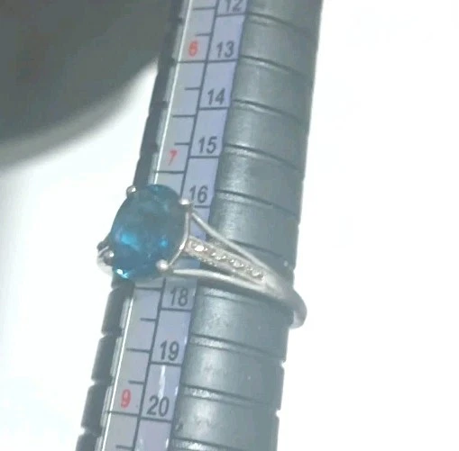 Sterling Silver Ring Blue Topaz Solitaire Size 8 CZ Accents on Band - Image 3 of 4