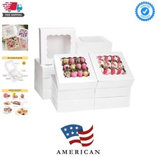 Bakery Boxes, 8x8x2.5 Cookie Boxes with Window, White Treat Containers for Do...