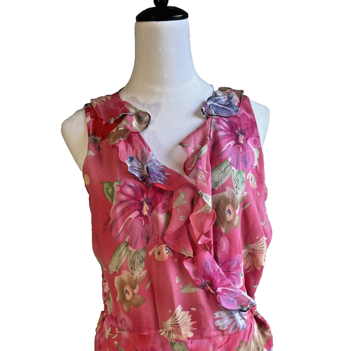 Lauren Ralph Lauren 100% Silk Dress Women's 10 Pink Floral Flounce Maxi Wrap Y2K - Picture 2 of 12