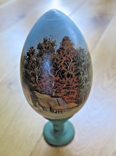 Vintage Hand Painted Russian Wooden Egg ‘Country Scene’ -6.5" tall - 1994 Signed