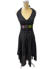 Artesian Halter Midi Cotton Dress with Embroidered Waist & Low Back Women's Sz L