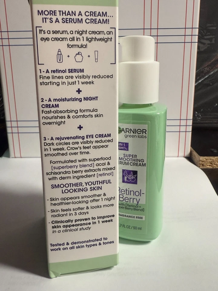 Garnier Green Lab 3in1 Night Super Smoothing Serum Cream Retinol Berry 1.7oz NIB - Image 4 of 4