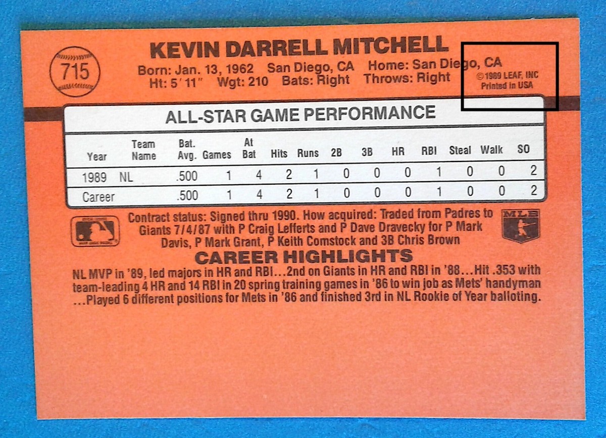 KEVIN MITCHELL 1990 DONRUSS ALL-STAR #715 ERROR CARD NO DOT