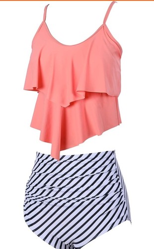 2 PC Tankini LG Lined Bra Swimsuit Bathing Beach Pool Ruffles Stripes Mix Match - Picture 3 of 8