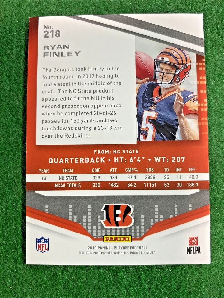 2019 Panini Playoff #218 RC SP #’ed 19/49 Ryan Finley  Cincinnati Bengals - Image 2 of 2