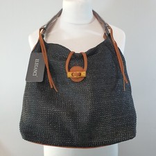 ELEGANCI RAFFIA Slouchy Boho Bag Two Tone Tan Faux Leather Bucket Bag Multiway