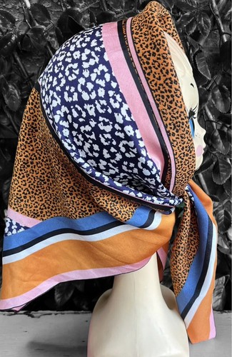 Head Scarf Animal Print Orange & Pink Silky Type Fabric Original Vintage VGC - Picture 2 of 9
