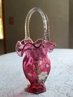 Fenton Signed Fall 1996 Art Glass Messenger Exclusive Cranberry Floral Basket