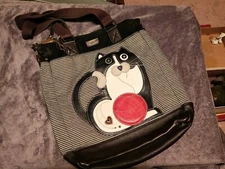 Vintage Chala Fat Cat With Ball Striped Canvas Tote Purse