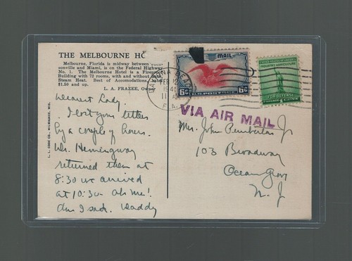 Daytona Beach Florida US Airmail Cover to Ocean Grove NJ 1941 Melbourne Hotel - Picture 3 of 5