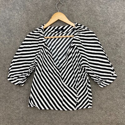 Piper Womens Top Size 8 White Black 3/4 Sleeve V-neck Blouse Shirt 50702