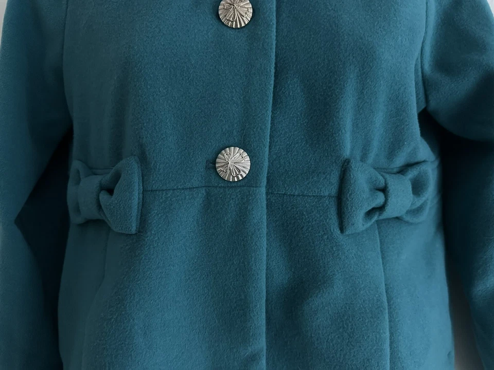 Rothschild Girl Coat Teal Faux Fur Collar Fully Lined Decorative Buttons Bows 16 - Image 3 of 4