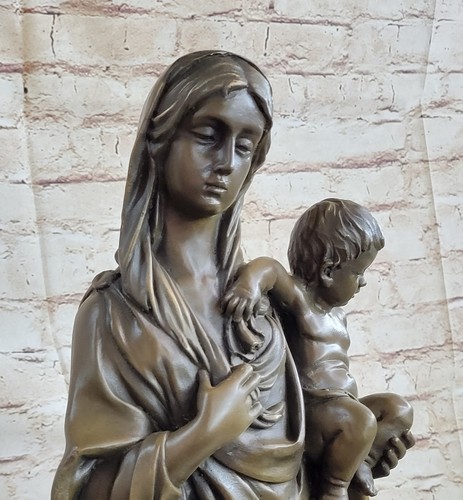 Statua scultura statua bronzo Madonna Vergine Maria con Gesù Bambino 23" x 8" - Foto 8 di 10