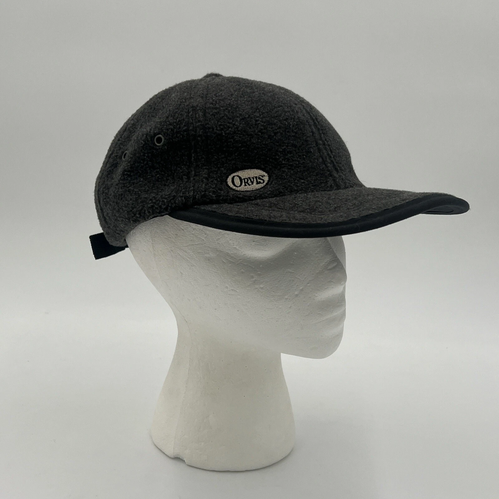 Vintage Orvis Gray Fleece Winter Hat Strapback Embroidered Logo Made in USA