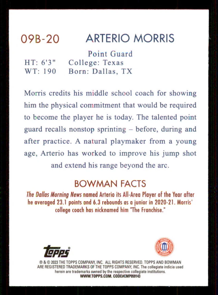 2022-23 Bowman Chrome University '09 Bowman #09B20 Arterio Morris - Image 2 of 2