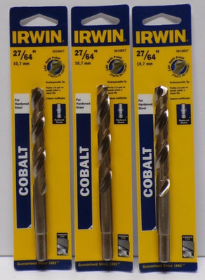 Lot of 3 IRWIN 27/64'' Cobalt Drill Bit For Hardened Steel Reduced Shank 3016027