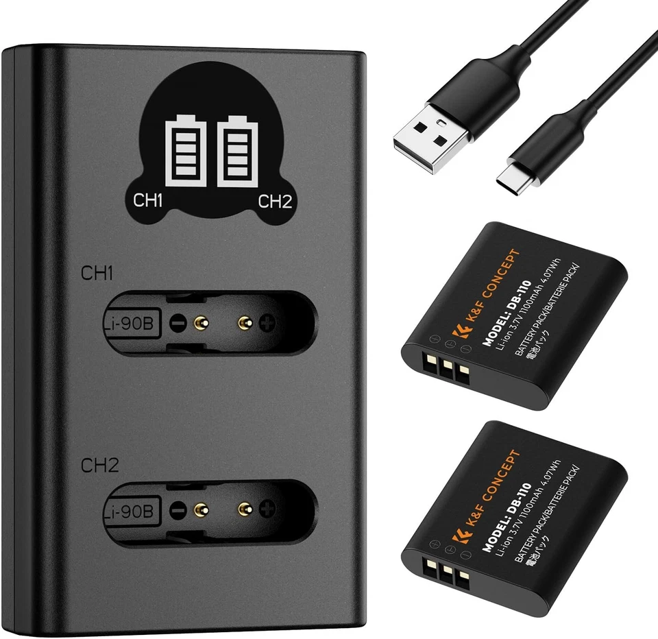 K&F Concept 2er-Pack DB-110 Akku 1100mAh mit Dual Slot LCD Ladegerät, für Ricoh
