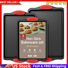 Baking Pan Set – 3 Piece Cookie Sheet – Deluxe Black Non-Stick Carbon Steel .NEW