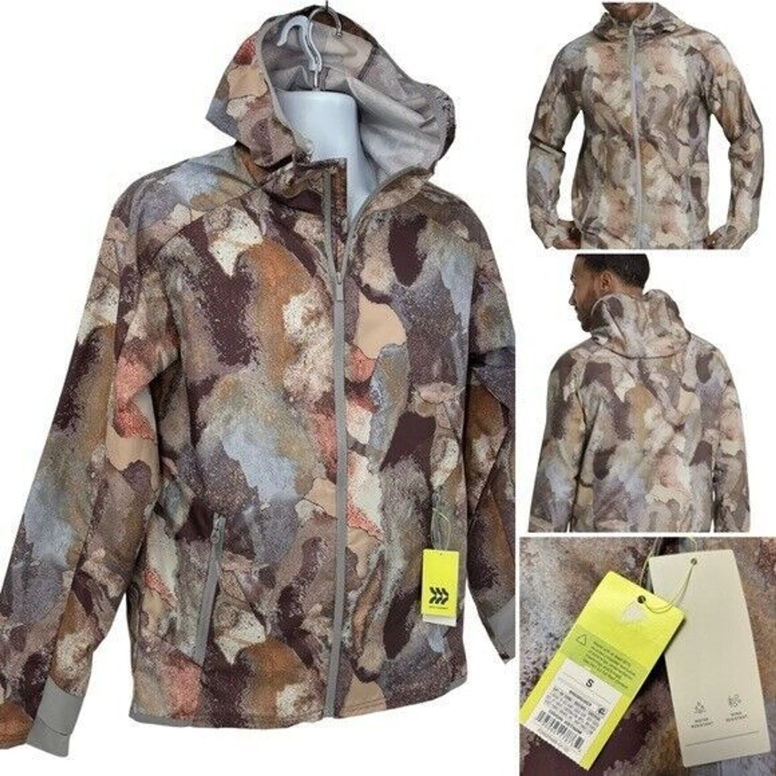 All In Motion Men’s Windbreaker Jacket Brown Stone Packable Hooded Sz Sm