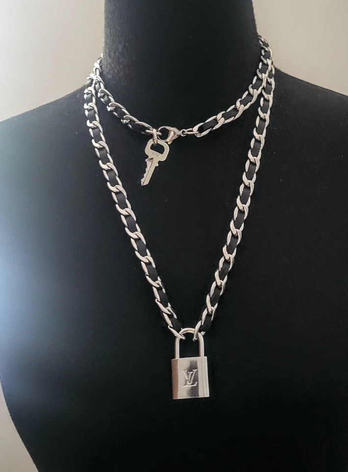 Authentic Louis Vuitton Silver Padlock Key #448 & Leather Cuban Long Necklace - Image 2 of 4