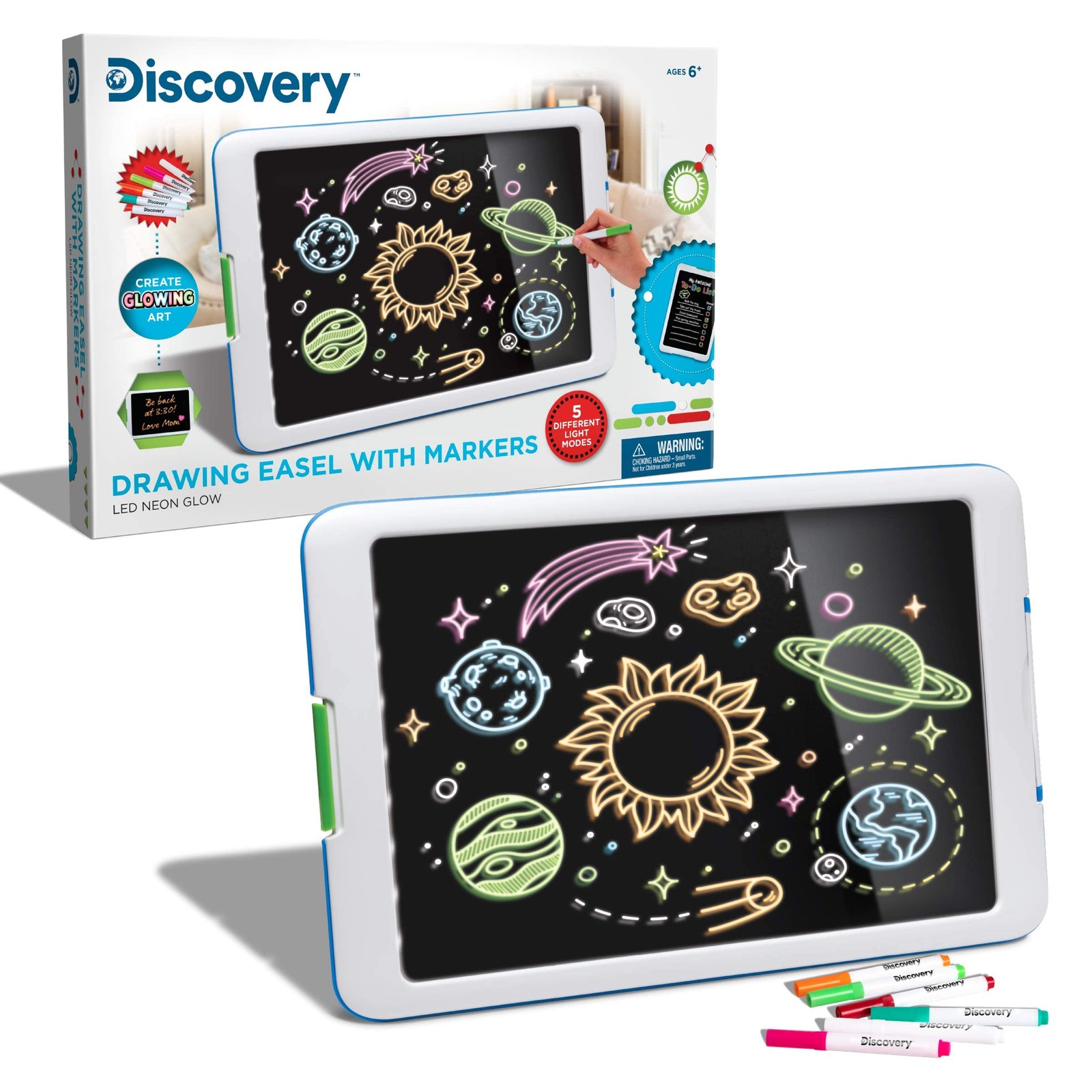 Discovery Kids 1012392 Neon Glow Drawing Easel with 6 Color 